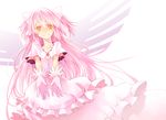  choker dress gloves hair_ribbon kaname_madoka long_hair mahou_shoujo_madoka_magica pink_dress pink_hair ribbon smile solo spoilers tadano_kagekichi two_side_up ultimate_madoka wings yellow_eyes 