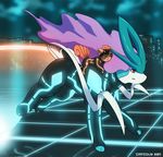  ambiguous_gender articuno canine city cityscape duo feral fox grid impious kitsune legendary_pok&#233;mon light mammal mounting multiple_tails neon_lights nintendo pok&#233;mon pok&eacute;mon red_eyes riding size_difference suicune suit tail the_grid tron video_games vulpix 