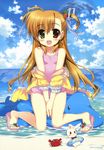  :d absurdres alternate_color_school_swimsuit beach bikini blonde_hair bunny cloud crab day dolphin fujima_takuya green_eyes hair_ribbon heterochromia highres inflatable_dolphin inflatable_toy long_hair lyrical_nanoha mahou_shoujo_lyrical_nanoha_vivid ocean official_art one-piece_swimsuit open_mouth pink_swimsuit red_eyes ribbon sacred_heart sand sandals scan school_swimsuit shallow_water sky smile solo swimsuit two_side_up vivio 