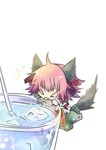  &gt;_&lt; animal_ears aya-0w0 bandages bow cat_ears cat_tail chinese_clothes closed_eyes cuffs cup drinking_straw flower ibaraki_kasen ice ice_cube kemonomimi_mode pink_flower pink_hair pink_rose rose shackles short_hair skirt solo tail tongue touhou 
