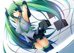  aqua_eyes armpits arms_up bad_id bad_pixiv_id breasts covered_nipples detached_sleeves green_hair hatsune_miku large_breasts long_hair necktie panties skirt solo stanaka striped striped_panties thighhighs twintails underwear very_long_hair vocaloid 