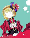  adapted_costume axis_powers_hetalia blonde_hair brooch closed_eyes corset dress embellished_costume hair_ornament hair_ribbon hairband hands_clasped jewelry liechtenstein_(hetalia) moyashi_nabe multicolored_hair own_hands_together red_dress ribbon short_hair simple_background solo striped striped_dress vertical_stripes white_skin 