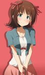  amami_haruka brown_hair green_eyes hair_ribbon highres idolmaster idolmaster_(classic) rariemonn ribbon short_hair smile solo 