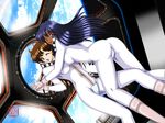  ass astronaut bad_id bad_pixiv_id blue_eyes blue_hair bodysuit brown_eyes brown_hair dark_skin earth floating geitassha holding_hands interlocked_fingers international_space_station long_hair morita_matsuri morita_yukari multiple_girls one_eye_closed open_mouth rocket_girls short_hair signature skin_tight space spacesuit white_bodysuit window zero_gravity 