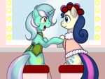 blue_eyes blue_fur blue_hair bonbon_(mlp) bottomless butt chair clothed clothing curlers cutie_mark dressing dressing_room duo equine eye_contact female feral friendship_is_magic fur hair half-dressed hi_res horn horse kloudmutt lyra_(mlp) lyra_heartstrings_(mlp) mammal mirror my_little_pony open_mouth pony simple_background sitting smile tongue two_tone_hair unicorn yellow_fur 