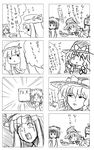  4koma book bow braid cellphone comic crescent detached_sleeves dish dress food game_console greyscale hair_bow hair_tubes hakurei_reimu hat highres izayoi_sakuya kirisame_marisa koopo long_hair maid_headdress monochrome multiple_4koma multiple_girls open_mouth patchouli_knowledge phone playstation senbei short_hair skirt smile tea tears television touhou translated twin_braids witch_hat 