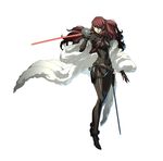  belt bodysuit catsuit evoker framed_breasts hair_over_one_eye highres jpeg_artifacts kirijou_mitsuru lipstick long_hair makeup official_art persona persona_3 persona_4:_the_ultimate_in_mayonaka_arena rapier red_eyes red_hair soejima_shigenori solo sword weapon 