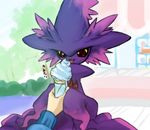  blush building city eating food hand hands holding human ice_cream japanese_text licking magical-429 mammal mismagius nintendo open_eyes open_mouth pixiv pok&#233;mon pok&eacute;mon pokemon red_eyes smile text tongue tongue_out translation_request video_games 