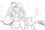  3girls animal_ears blush cat_ears cat_tail couple eila_ilmatar_juutilainen eye_contact flying glasses grin hug long_hair looking_at_another monochrome multiple_girls pantyhose perrine_h_clostermann sanya_v_litvyak satou_atsuki short_hair sketch smile strike_witches tail world_witches_series yuri 