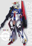  armor blue_hair center_opening ebira fingerless_gloves gloves green_eyes gundam high_heels mecha_musume personification shield shoes skirt solo thighhighs weapon zeta_gundam zeta_gundam_(mobile_suit) 