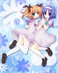  :3 aqua_eyes bad_id bad_pixiv_id blue_hair brown_hair full_body hairband highres holding_hands kaitou_tenshi_twin_angel kannazuki_aoi kouta. loafers minazuki_haruka_(twin_angel) multiple_girls panties pantyshot purple_eyes school_uniform shoes short_hair smile striped striped_panties thighhighs twin_angel twintails two_side_up underwear white_legwear 