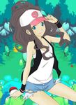  1girl baseball_cap blue_eyes brown_hair diglett hat highres hilda long_hair pikachu poke_ball pokemon pokemon_(game) pokemon_bw ponytail shorts sitting smile solo touko touko_(pokemon) wristband 