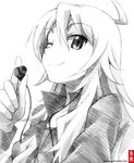  ahoge earbuds earphones gofu greyscale hoshii_miki idolmaster idolmaster_(classic) long_hair monochrome one_eye_closed popped_collar single_earphone_removed sketch smile solo spot_color traditional_media 