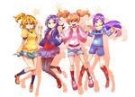  aono_miki apollo_1211 asymmetrical_hair boots brown_eyes brown_hair contemporary fresh_precure! full_body hairband higashi_setsuna holding_hands loafers long_hair momozono_love multiple_girls one_eye_closed one_side_up pantyhose pink_vest precure purple_eyes purple_hair red_eyes scarf shirt shoes short_hair shorts side_ponytail skirt sleeves_rolled_up sneakers twintails v vest yamabuki_inori 