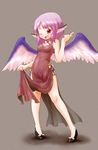 absurdres animal_ears arinu bare_legs bare_shoulders china_dress chinese_clothes dress highres mystia_lorelei no_hat no_headwear one_eye_closed pink_hair short_hair side_slit simple_background solo touhou wings 
