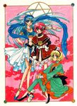  90s bare_legs blue_eyes blue_hair circlet clamp dress frills full_body green_eyes hairband hands_on_own_knee head_scarf hexagram hououji_fuu jewelry long_hair magic_knight_rayearth midriff multiple_girls navel necklace official_art pink_legwear red_eyes ryuuzaki_umi scan shidou_hikaru shoes single_thighhigh sitting smile thighhighs yin_yang 