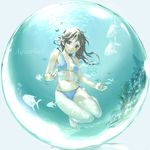  air_bubble barefoot bikini blue_bikini breasts brown_eyes brown_hair bubble face fish freediving hands highres in_bubble in_container long_hair medium_breasts orb original satou_kou smile solo sphere submerged swimming swimsuit underboob underwater 