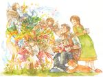  4girls angel brown_hair closed_eyes cup dog family flower happy harp ina_(gonsora) instrument mug multiple_boys multiple_girls old_man original paintbrush painting palette plant ponytail pregnant short_hair sitting slippers star traditional_media trumpet violin watercolor_(medium) 