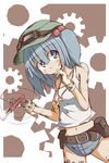  belt casual denim denim_shorts dirty gears gloves goggles hand_on_own_face highres kawashiro_nitori key midriff navel screwdriver short_shorts shorts solo spinning sunny_speed tank_top tools touhou two_side_up 