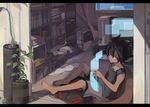  bad_id bad_pixiv_id barefoot bedroom black_eyes black_hair bookshelf curved_monitor eska_bamel facial_mark floating_screen holographic_monitor inazuma_eleven inazuma_eleven_(series) indoors male_focus plant potted_plant room sitting solo tukushi2 