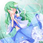  bad_id bad_pixiv_id closed_eyes detached_sleeves frog green_hair hair_ornament hands_clasped jewelry kochiya_sanae long_hair midriff navel necklace nekosugi_(hoshi) own_hands_together pearl_necklace praying shirt skirt snake solo touhou 