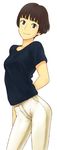  arched_back arm_behind_back bad_id bad_pixiv_id bob_cut brown_eyes brown_hair gake_no_ue_no_ponyo jas lisa_(ponyo) mature pants shirt short_hair short_sleeves simple_background smile solo standing 