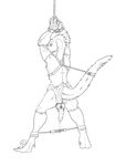 arms_above_head back back_turned balls bdsm black_and_white bondage bound claws dinosaur equalicus loincloth male monochrome penis raptor scalie solo spread_legs spreader_bar spreading standing tail toe_claws topless 