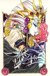  2girls 90s armor black_armor black_hair blue_eyes blue_skin bodysuit cape clamp debonair_(rayearth) eagle_vision gem headgear lantis_(rayearth) long_hair magic_knight_rayearth multiple_boys multiple_girls nova_(rayearth) official_art pink_hair pointy_ears red_eyes scan shoes smile white_hair 