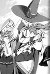  blazblue blazblue_phase_0 breast_smother breasts celica_a_mercury glasses greyscale hair_over_one_eye hat hood hug konoe_a_mercury large_breasts long_hair monochrome multiple_girls pantyhose robe round_eyewear scan scan_artifacts school_uniform siblings sisters trinity_glassfield witch_hat 