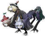  blue_hair brown_hair erebus frills full_body green_hair instrument keyboard_(instrument) layla_prismriver lunasa_prismriver lyrica_prismriver mazeran merlin_prismriver monster no_humans open_mouth parody persona persona_3 skull touhou transparent_background trumpet violin yellow_eyes 