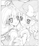  ballpoint_pen_(medium) greyscale grin hakurei_reimu holding_hands interlocked_fingers kirisame_marisa monochrome multiple_girls smile touhou traditional_media tsukasaki_aoi 