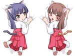  :&lt; :3 animal_ears bed_sheet blue_hair blush brown_eyes brown_hair cat_ears cat_tail chibi copyright_request fang japanese_clothes looking_back miko multiple_girls open_mouth ponytail sheet_grab shoes single_shoe sweat tabi tail urase_shioji 