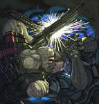  angry armor bald eye_contact gears_of_war gun looking_at_another weapon 