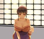  bad_id bad_pixiv_id bare_shoulders breasts brown_eyes brown_hair cleavage hair_bun hanasaku_iroha japanese_clothes kimono large_breasts nove_(legge) off_shoulder oshimizu_nako smile solo undressing 