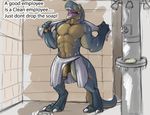  abs anthro balls biceps circumcised dinosaur erection flaccid male muscles narse pecs penis scalie shower soap solo standing theropod towel tyrannosaurus_rex vein water wet yellow_eyes 