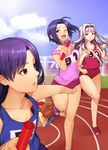  ;o amami_haruka bare_shoulders bouncing_breasts bow breast_envy breasts brown_hair buruma cleavage collarbone empty_eyes faceplant girly_running hair_bow hairband highres hitoto idolmaster idolmaster_(classic) inconvenient_breasts kisaragi_chihaya legs long_hair medium_breasts miura_azusa multiple_girls no_socks one_eye_closed purple_hair red_eyes relay_baton relay_race running shijou_takane silver_hair sweat tank_top track_and_field wince 