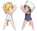  :&lt; animal_ears barefoot bed_sheet blonde_hair cat_ears cat_tail chibi closed_eyes copyright_request green_eyes green_hair looking_back multiple_girls one-piece_swimsuit school_swimsuit sheet_grab sweat swim_cap swimsuit tail tan twintails two_side_up urase_shioji white_school_swimsuit white_swimsuit 