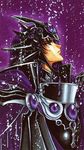  90s armor black_armor black_eyes black_hair clamp cloak headgear long_hair magic_knight_rayearth male_focus official_art purple scan serious solo zagato_(rayearth) 