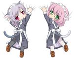  :&lt; :3 animal_ears bed_sheet cat_ears cat_tail chibi copyright_request green_eyes loafers looking_back maid maid_headdress multiple_girls pink_hair purple_eyes sheet_grab shoes tail thighhighs urase_shioji 