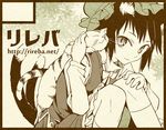  animal_ears bow cat cat_ears cat_tail chen circle_cut hat long_sleeves monochrome multiple_tails nakatani_nio sepia short_hair sitting slit_pupils solo tail touhou watermark web_address 