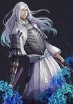 armor dual_wielding flower highres holding katana long_hair male_focus sakenomi sengoku_basara solo spider_lily sword tenkai_(sengoku_basara) weapon white_hair 