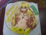  ahoge birthday birthday_cake blonde_hair blush breast_hold breast_squeeze breasts cake censored derivative_work flower food green_eyes happy_birthday hoshii_miki idolmaster idolmaster_(classic) large_breasts light_smile long_hair looking_at_viewer nipples nude photo solo sweat very_long_hair 