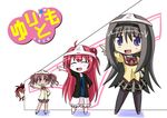  :d ^_^ akaza_akane akemi_homura bad_id bad_pixiv_id black_hair black_legwear brown_eyes brown_hair chibi closed_eyes crossover female_pervert hand_on_hip long_hair mahou_shoujo_madoka_magica multiple_girls naruse_mai object_on_head open_mouth panties panties_on_head pantyhose peeking_out pervert pointing pose purple_eyes red_hair sakura_kyouko shirai_kuroko skirt smile to_aru_kagaku_no_railgun to_aru_majutsu_no_index trait_connection underwear yuru_yuri 