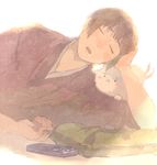 :3 animal animal_on_shoulder arm_support axis_powers_hetalia bad_id bad_pixiv_id black_hair blush blush_stickers closed_eyes controller dog drooling head_rest japan_(hetalia) japanese_clothes kimono male_focus open_mouth pillow pochi_(hetalia) pon_(cielo) remote_control sleeping solo tail tail_wagging teeth white_background 