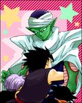  3boys black_hair cape dragon_ball green_skin male male_focus multiple_boys piccolo pointy_ears purple_hair son_gohan son_goten star trunks_(dragon_ball) trunks_briefs 