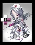  bandage bandage_over_eye bandages black_wings clothes_pin clothespin drugs feather feathers hat jar monster nurse nurse_cap nusr pill purple_eyes purple_eyhes silver_hair syringe ume_(illegal_bible) wings 