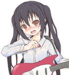  black_hair blush brown_eyes guitar instrument k-on! long_hair nakano_azusa naz open_mouth plectrum round_teeth solo teeth twintails wet wet_clothes 