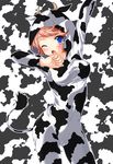  animal_costume animal_ears animal_print arm_up blue_eyes bodysuit breasts copyright_request cow_costume cow_ears cow_print cow_tail hood horn medium_breasts one_eye_closed open_mouth pierre_yoshio red_hair solo tail yawning 