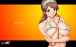  action_pizazz between_breasts bikini_top breast_squeeze breasts brown_hair hairband highres huge_breasts jewelry looking_at_viewer mature ring saigadou solo wallpaper wedding_band 