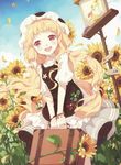  1girl :d absurdres bangs blonde_hair blue_sky blush bracelet choker copyright_request dress dutch_angle flower hat highres jewelry long_hair looking_at_viewer nyanya open_mouth petals red_eyes signpost sky smile solo suitcase sunflower v_arms wavy_hair 